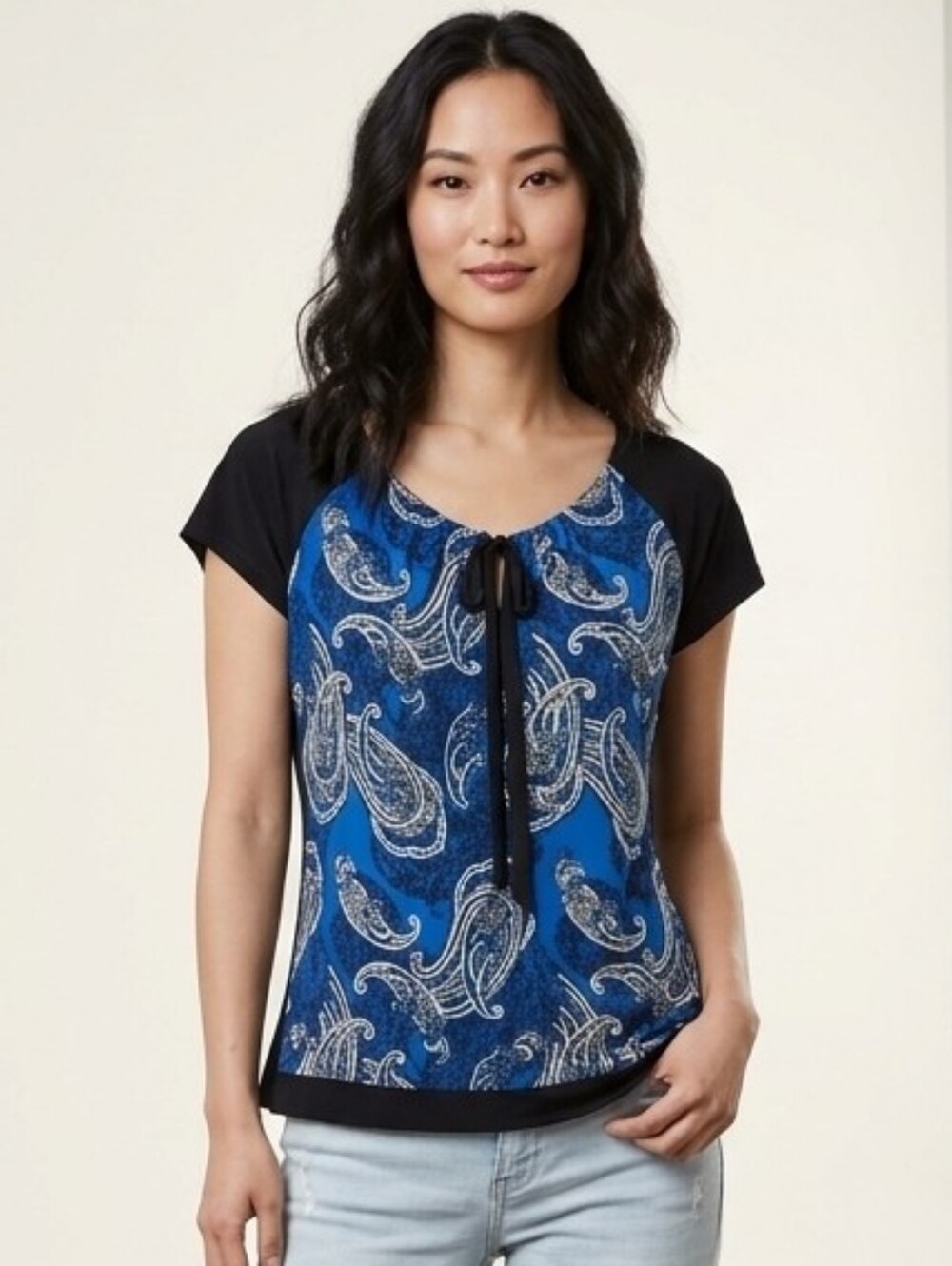 Emma & Olive Royal Blue Paisley Knit Blouse Top XL Black Tie Accent Raglan